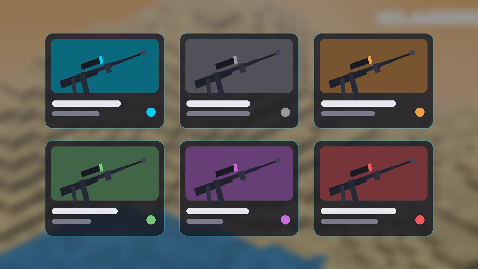 Grid of six TACZ gun pack cards with different colored rifles
