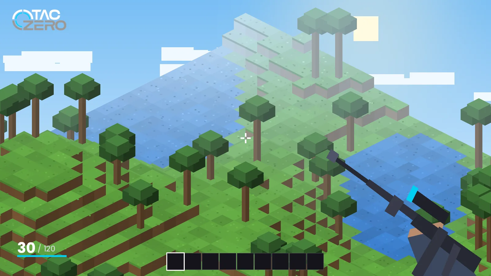 First-person Minecraft view holding a TACZ rifle over a grassy voxel landscape