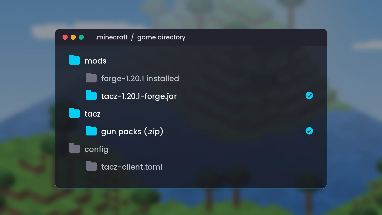 Minecraft game directory showing the mods folder with the TACZ jar and the tacz folder for gun packs