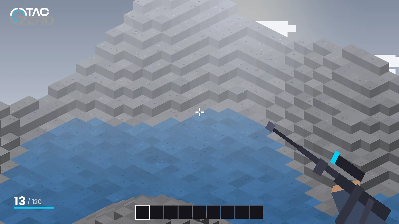 Stone quarry scene in Minecraft with a TACZ scoped rifle held in first person
