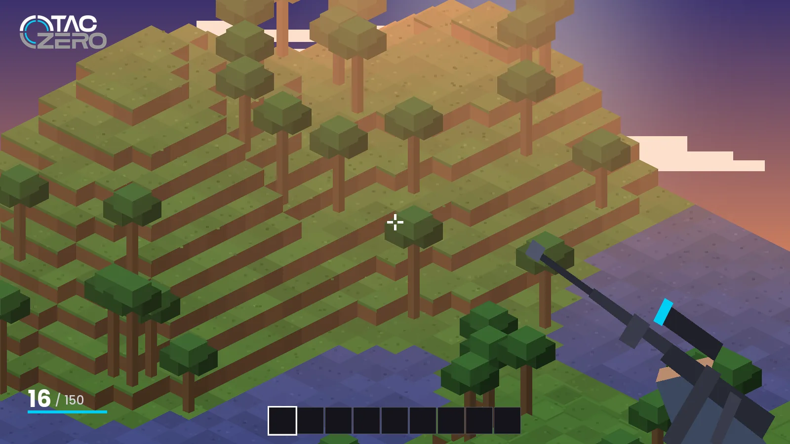 Sunset over a Minecraft voxel landscape with a TACZ rifle in first person