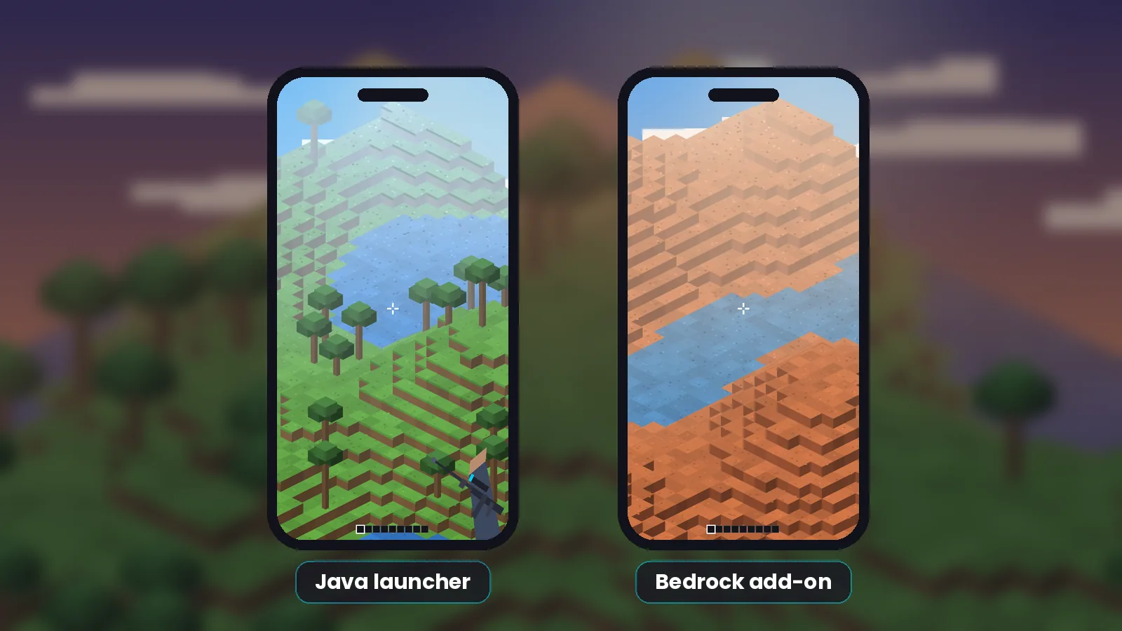 Two phones side by side: Java launcher running TACZ and a Bedrock add-on world