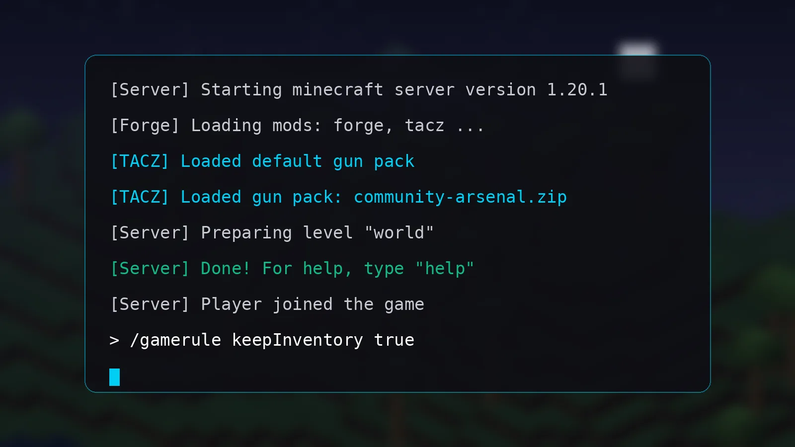 Server console log showing Forge loading TACZ and gun packs, then Done