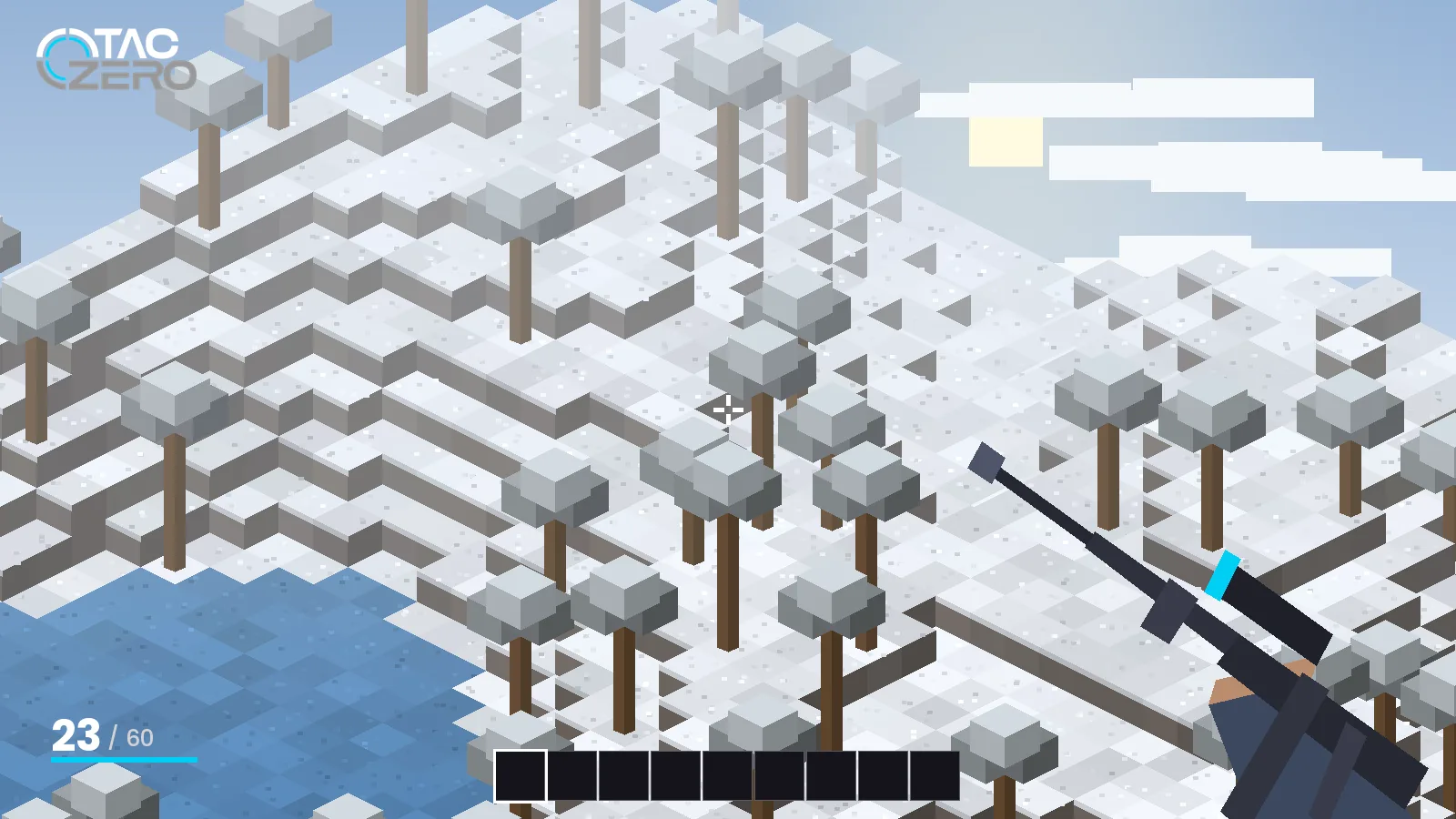 Snowy Minecraft landscape with frozen lake and TACZ rifle in first person
