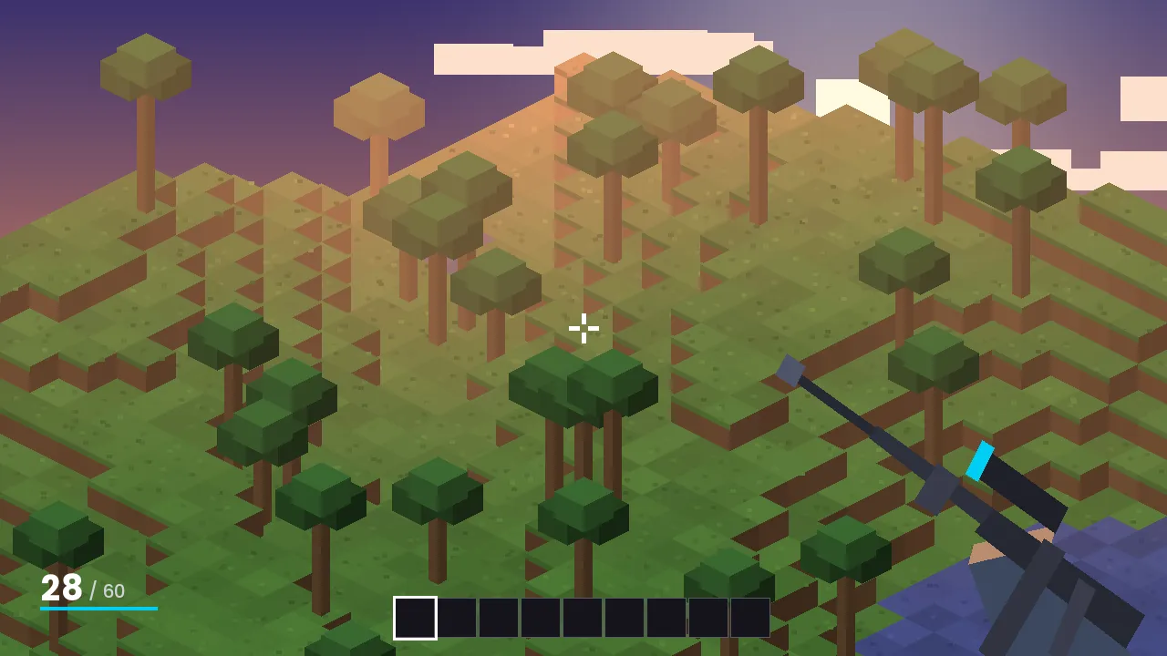 Sunset over a Minecraft world with a TACZ rifle