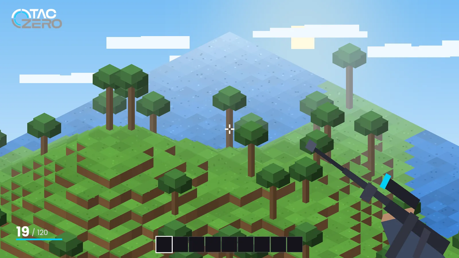TACZ Mod first-person gameplay with a scoped rifle over a Minecraft landscape